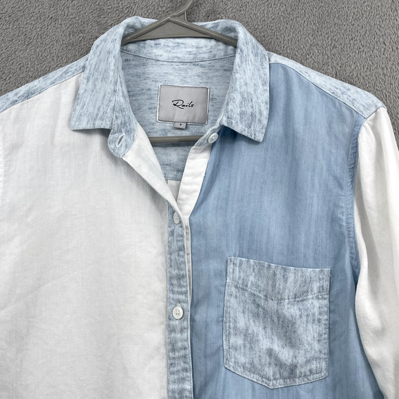 Rails Ingrid Raw Light Vintage Patchwork Top Womens S Blue White Tencel Shirt - Picture 2 of 12